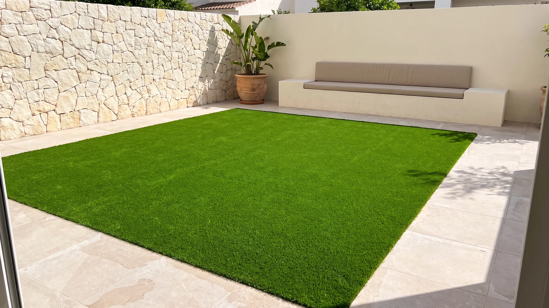 Patio con césped artificial, pared de piedra, banco y maceta Patio con césped artificial, pared de piedra, banco y maceta.