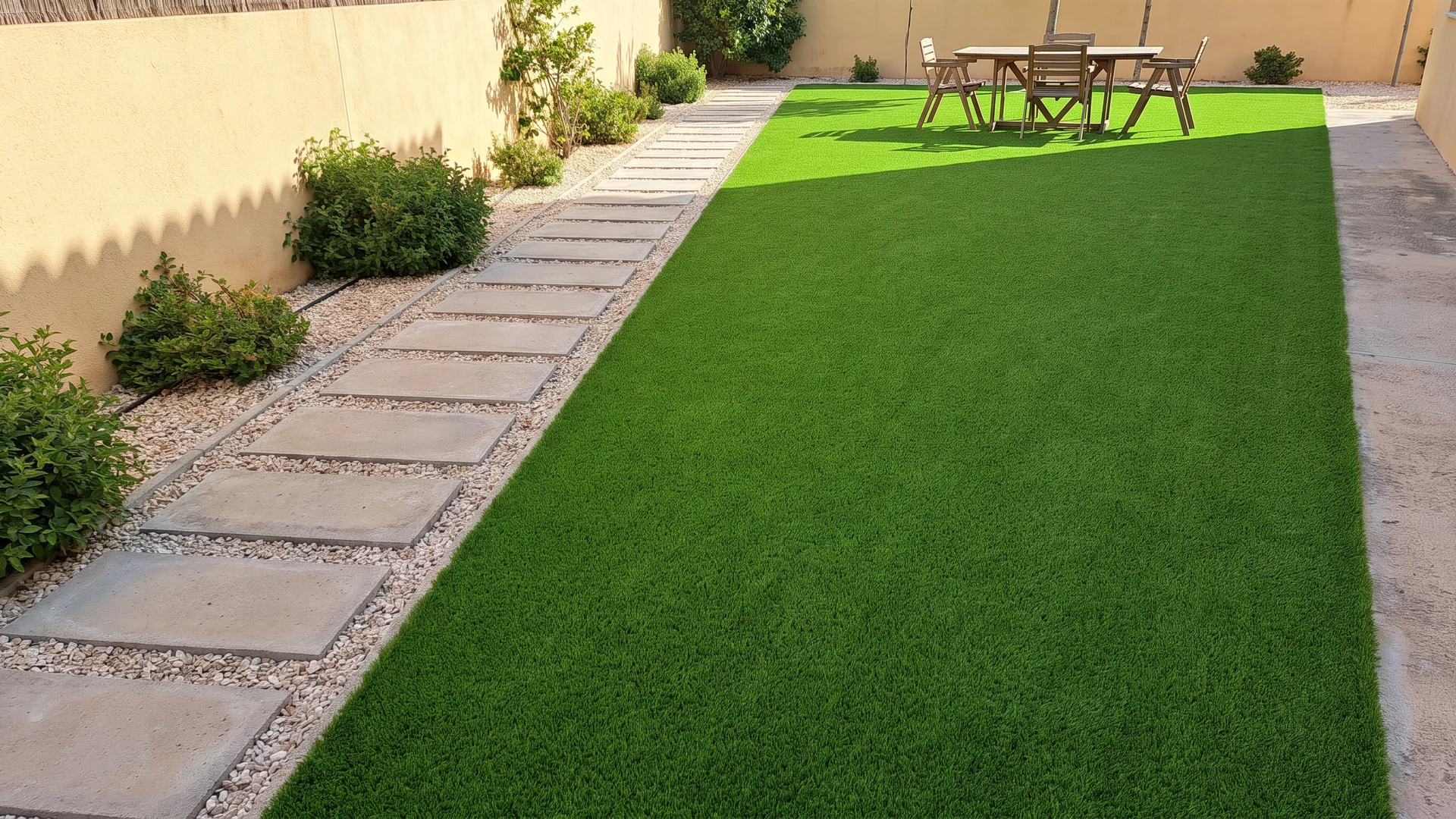 Jardín con césped artificial, camino de losas y mesa de exterior Jardín con césped artificial, camino de losas y mesa de exterior.