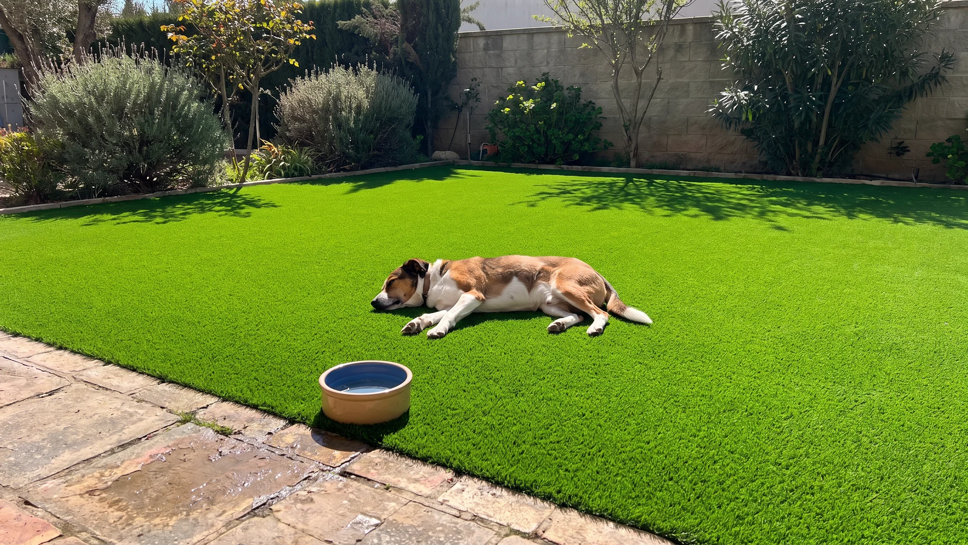 Perro descansando sobre césped artificial en un jardín con un cuenco de agua Césped artificial para perros: perro descansando en un jardín junto a un cuenco de agua.