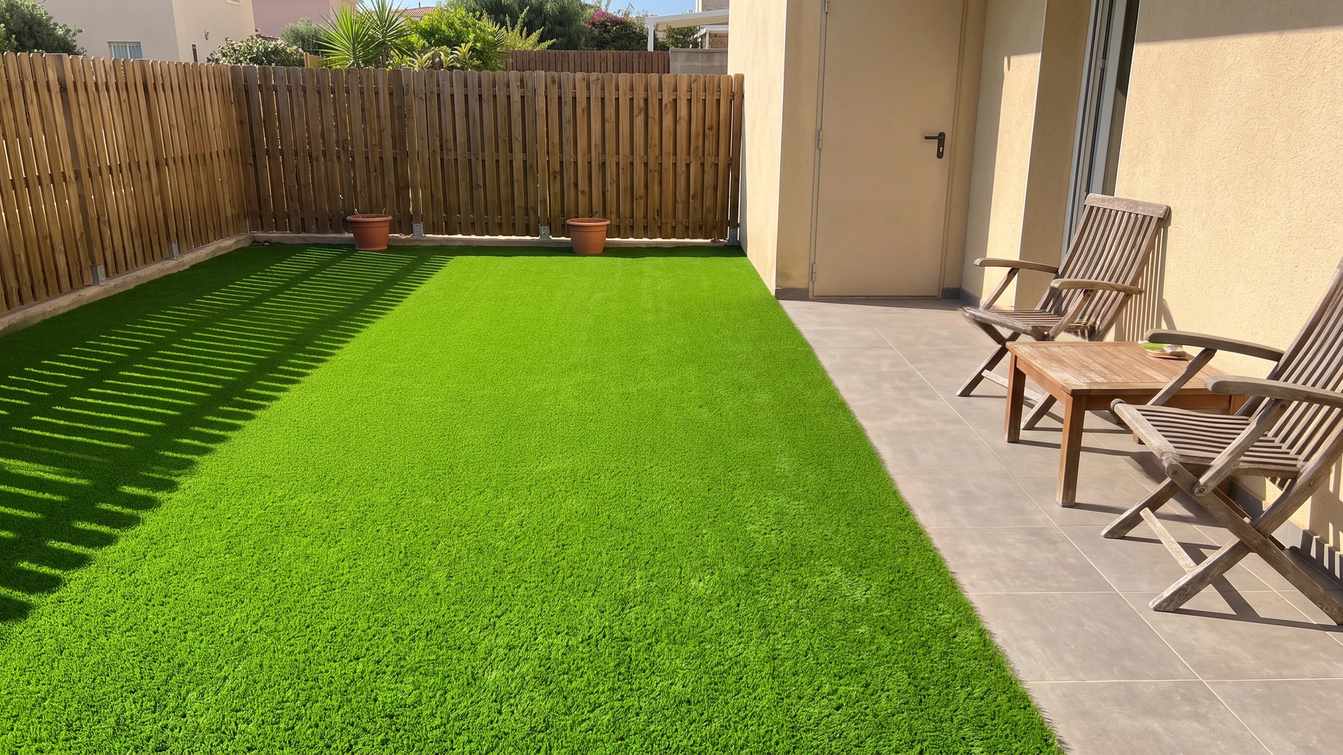Patio con césped artificial, dos sillas y mesa junto a una valla de madera Patio con césped artificial, dos sillas y mesa junto a una valla de madera.