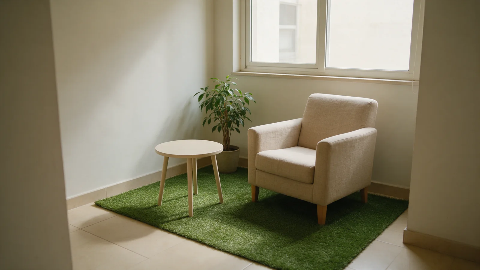 Rincón interior con sillón y césped artificial sobre suelo cerámico.