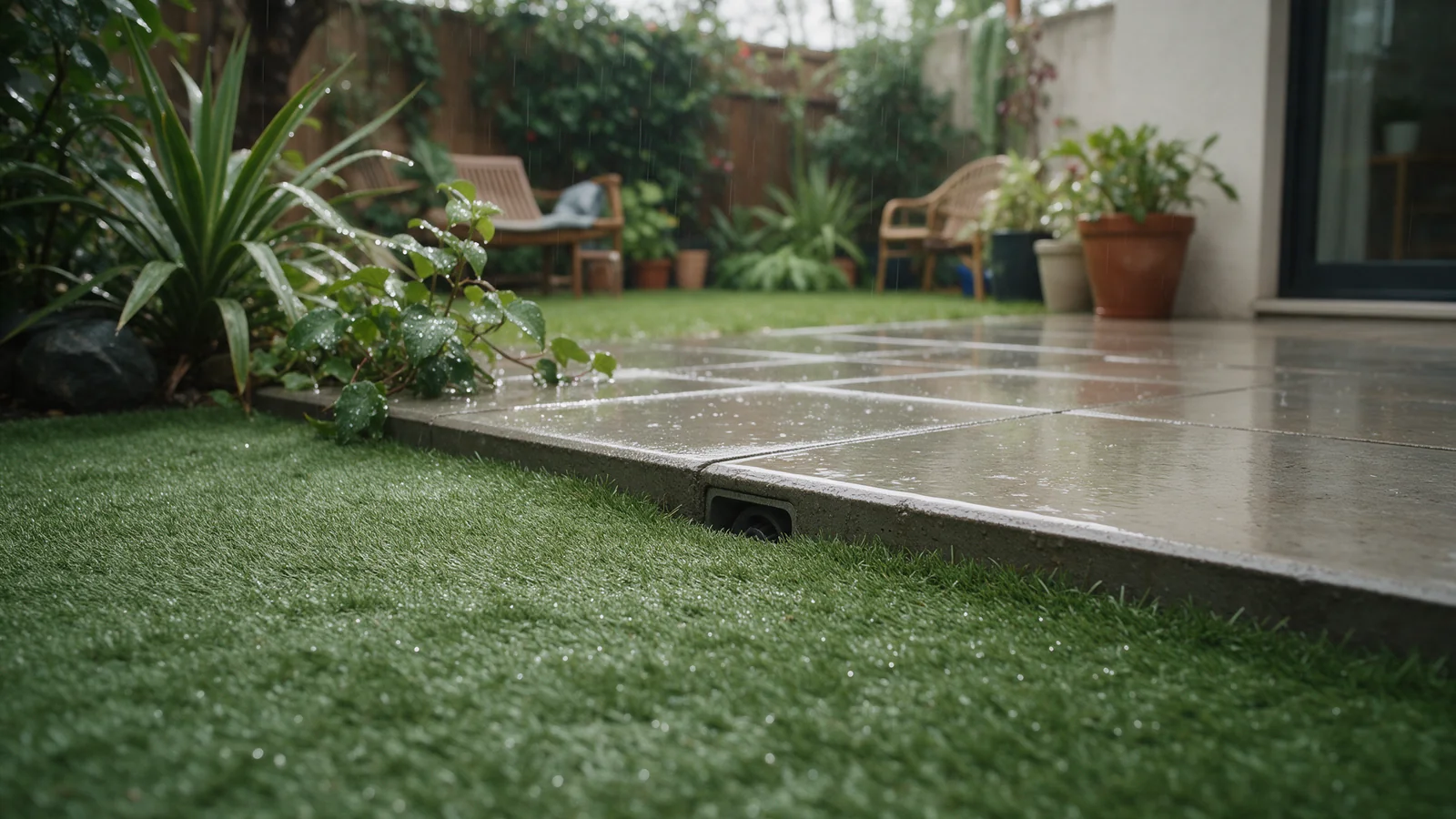 Césped artificial húmedo junto a un pavimento mojado y plantas con gotas de lluvia.