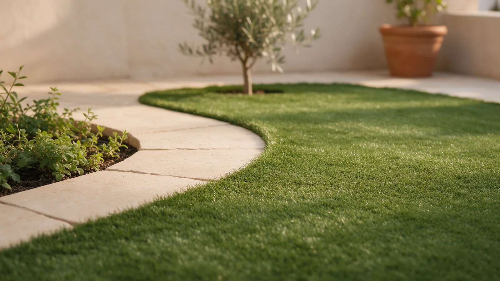 Césped artificial junto a un camino curvo de piedra y plantas naturales.