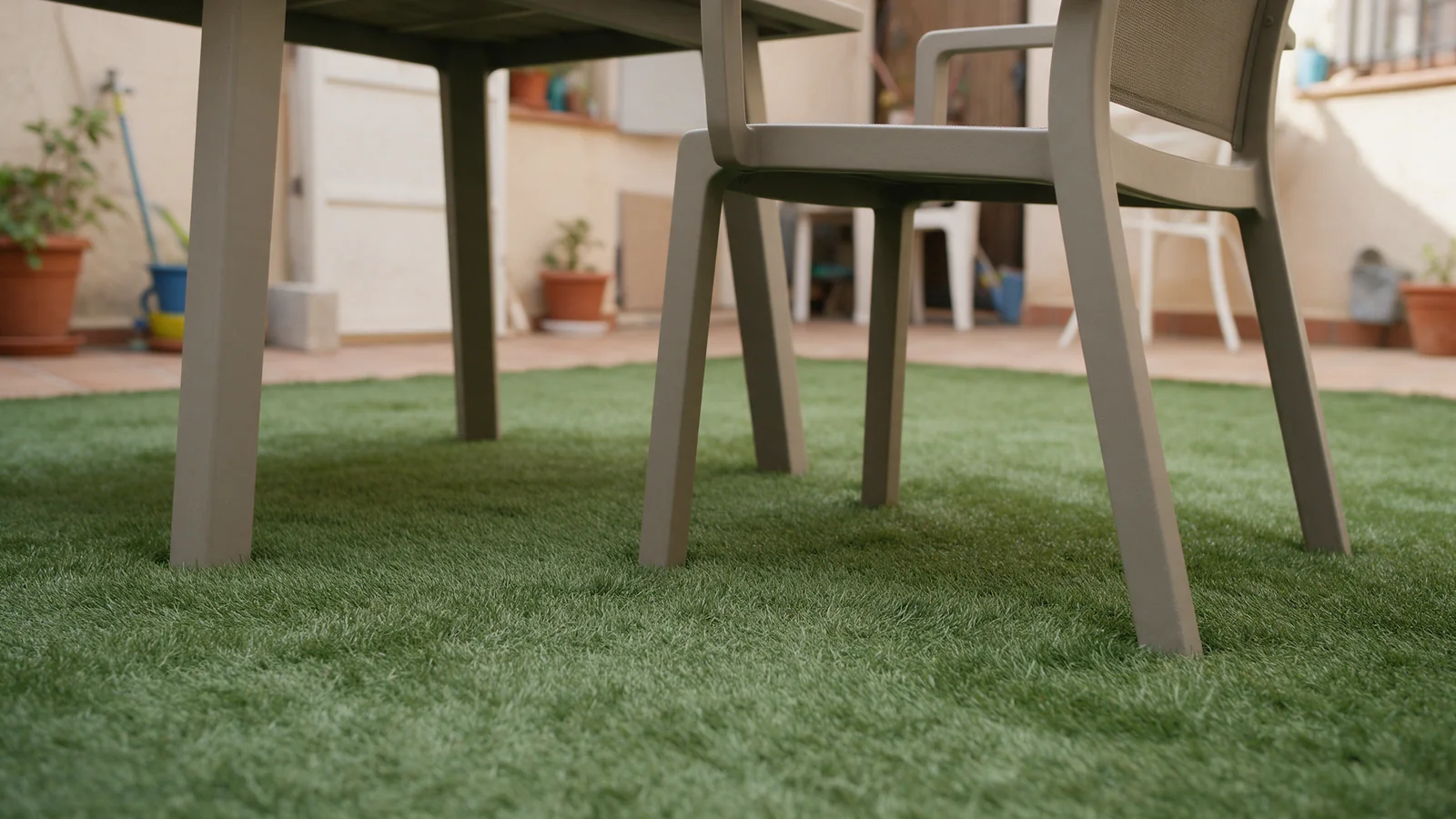 Patas de una mesa y una silla de exterior apoyadas sobre césped artificial.
