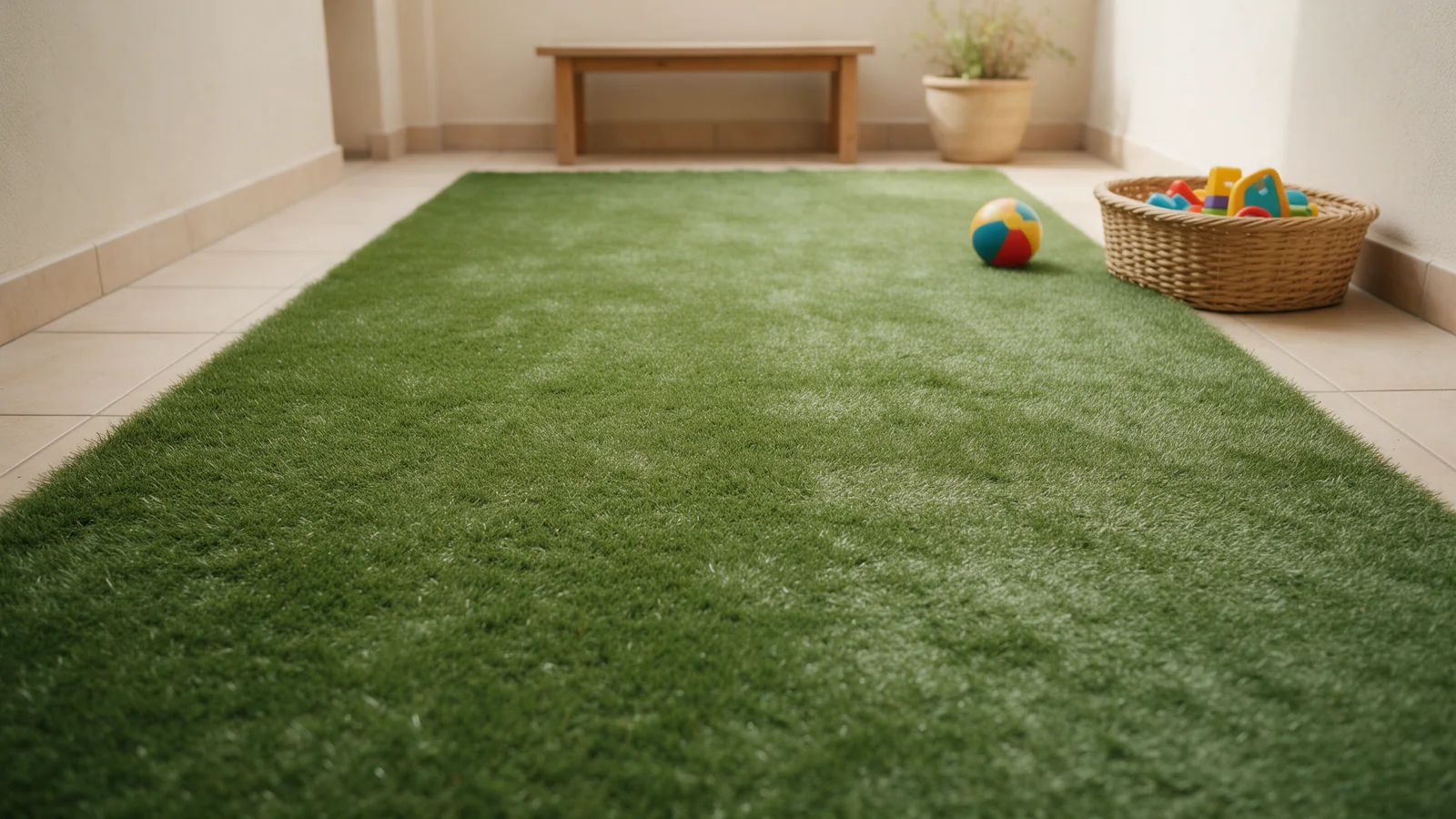 Zona de juego con césped artificial, una pelota y una cesta de juguetes.