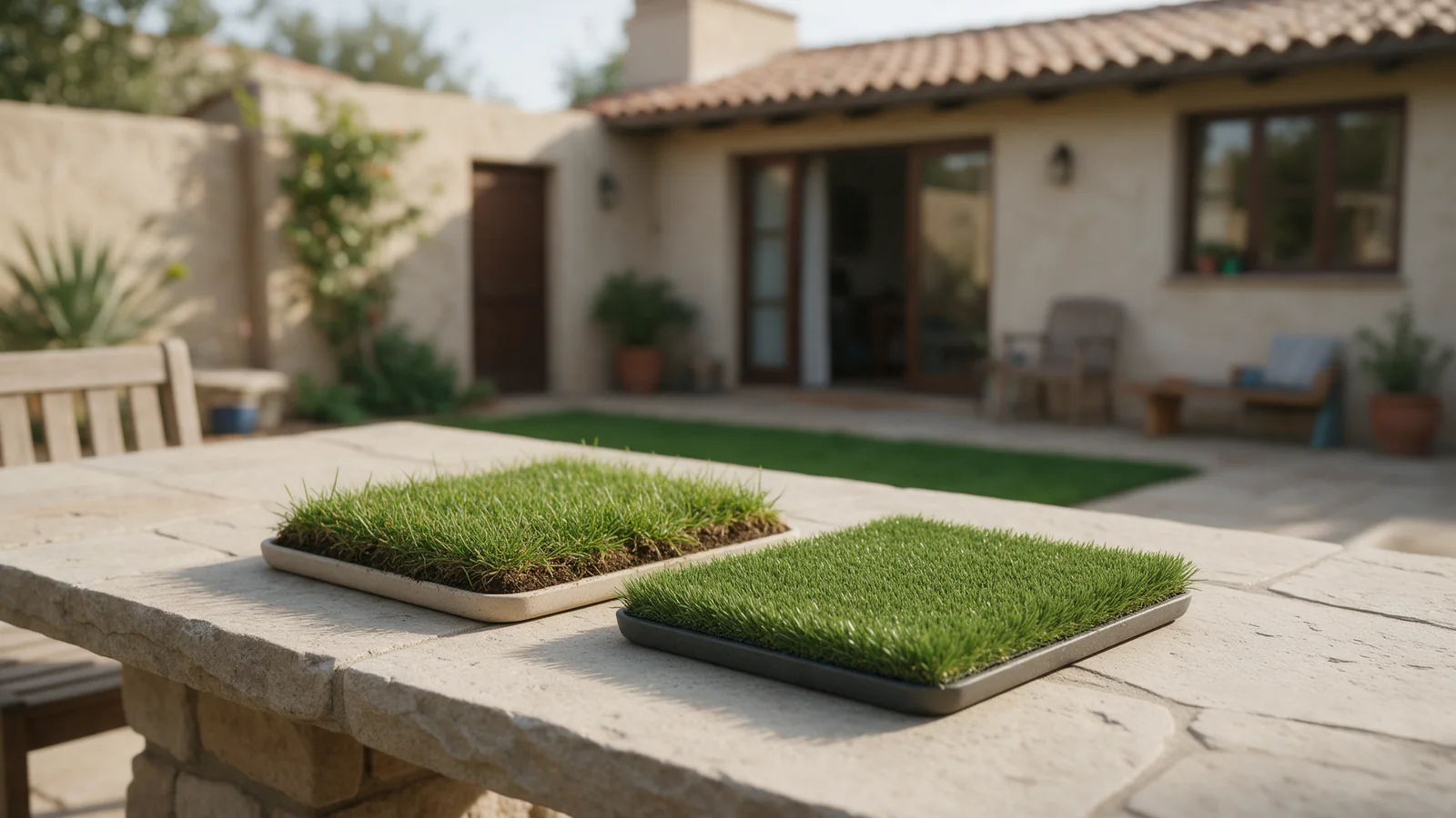 Dos bandejas con muestras de césped natural y artificial sobre una mesa de piedra en un patio.