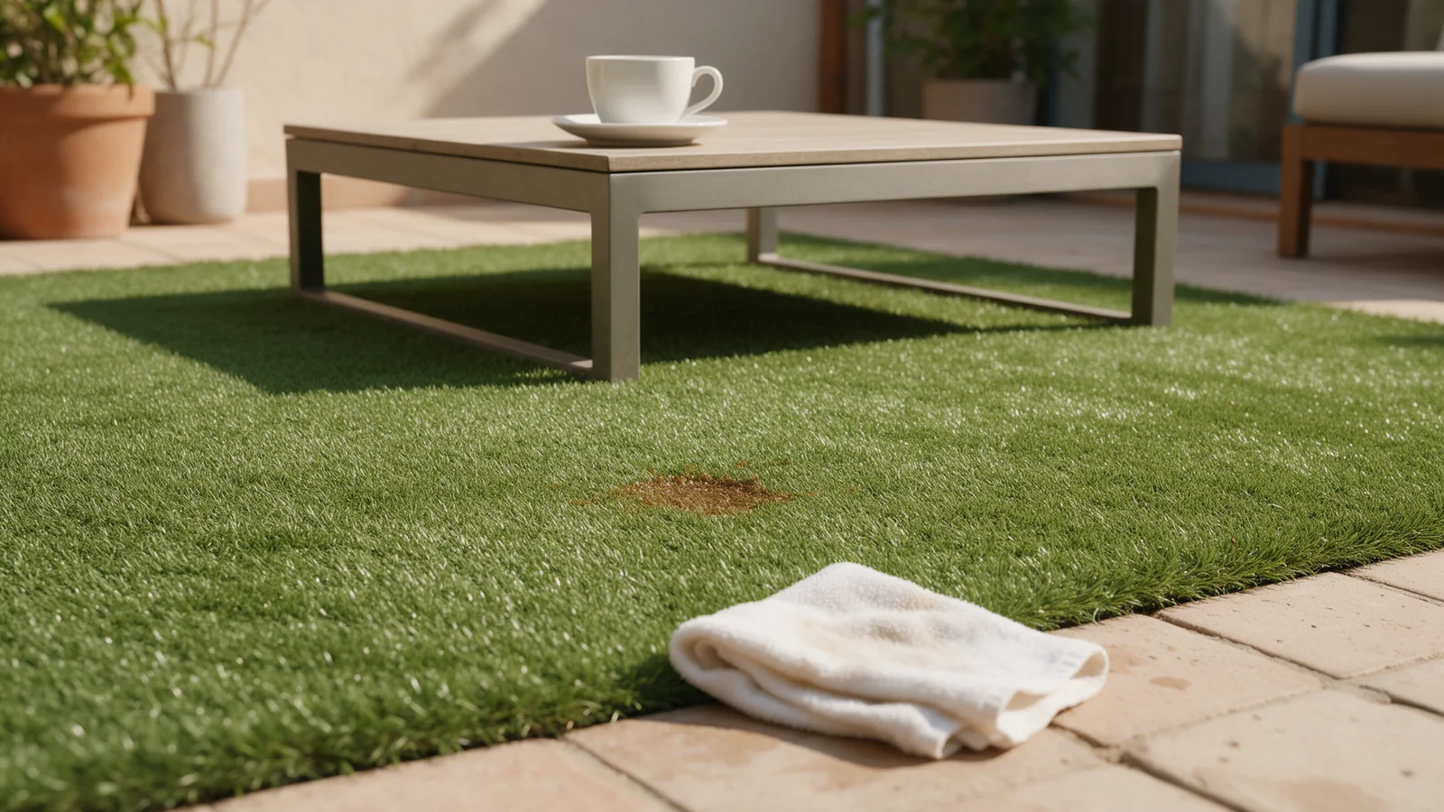 Mancha marrón en césped artificial junto a una mesa con una taza y un paño sobre el pavimento.