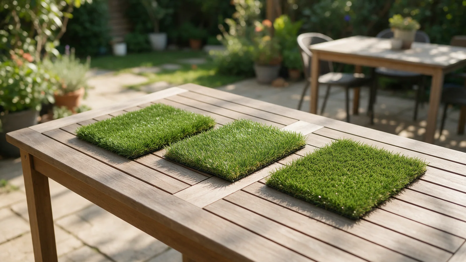Tres muestras genéricas de césped artificial sobre una mesa de madera.
