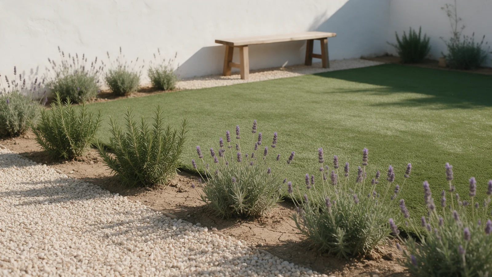 Jardín con césped artificial, grava clara, romero, lavanda y un banco junto a un muro blanco.